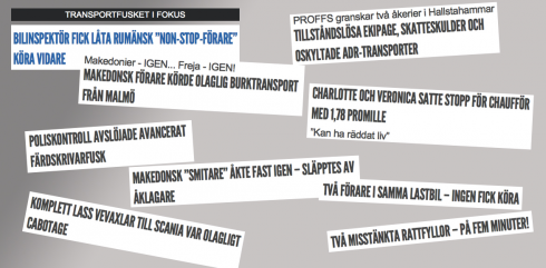 Ett litet urval av tidningen Proffs rubriker på senare tid, som rör Trafikpolisens viktiga arbete.