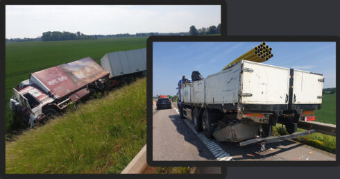 Det finska ekipaget landade i diket efter att ha rammat lastbilen med byggmateriel.