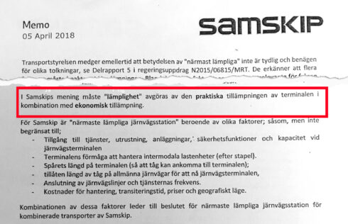 Samskip redogör för sin uppfattning av kombidirektivets begrepp "närmast lämpliga".