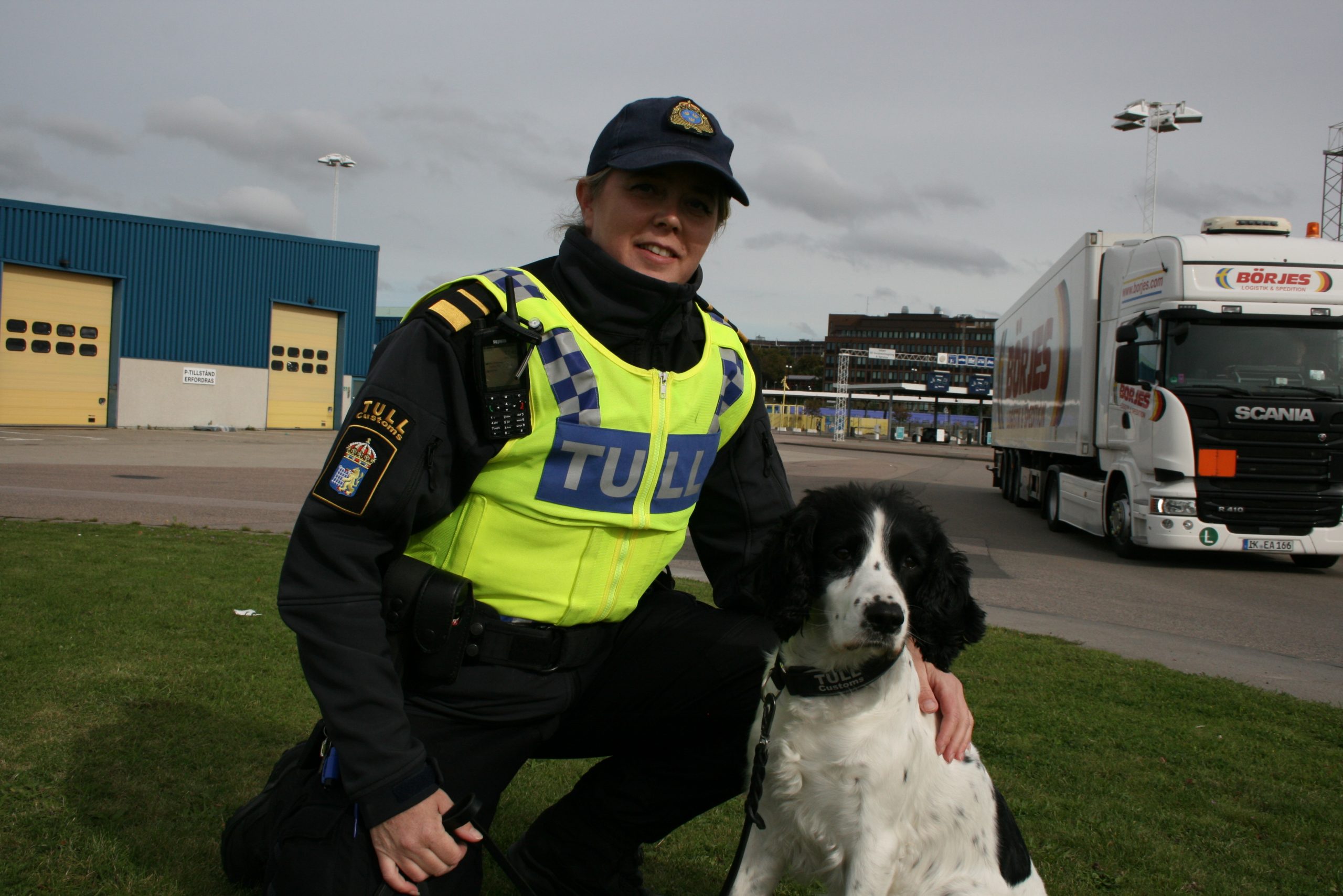 Melinda Fredrikssons 8-åriga engelska springer spaniel Daisy har som specialiteter droger, ammunition och vapen. För cirka fyra år sedan när Daisy var ”ny på jobbet”, hittade hon i en personbil på väg in i Sverige i just denna hamn, 80 kilo cannabis och 10 kilo kokain. Foto: Heidi Bodensjö, Proffs.