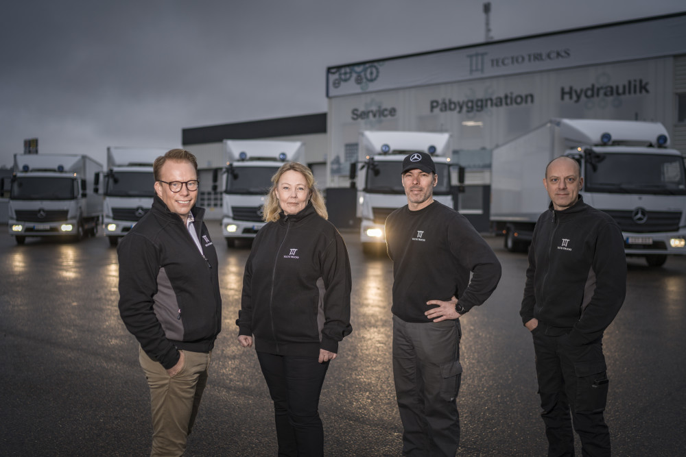 Tecto Trucks Markaryd: Mattias Nilsson - vd, Karina Borg-Larsen - Adm chef, Fredrik Gustafsson - Reservdelschef, Thomas Eld - Verkstadschef.