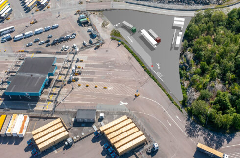 Visionsbild över den kommande vätgastankstationen i Göteborgs hamn. Montage: Nilsson Energy/Göteborgs Hamn AB