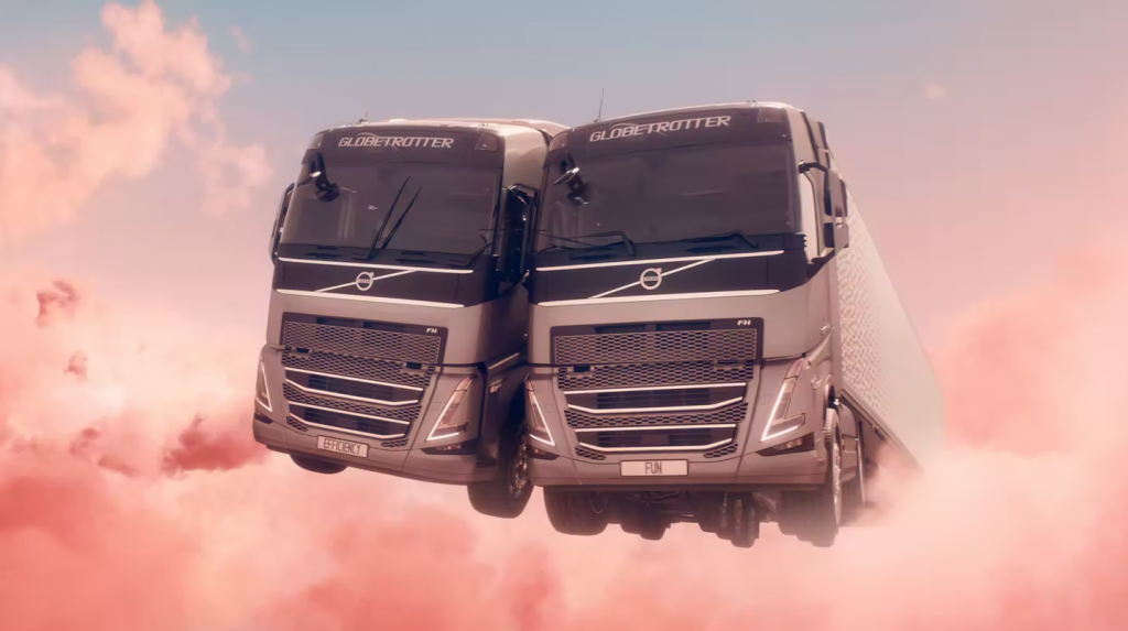 Trucks float above pink clouds in Volvo’s “Love Movie”.
