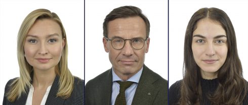 Till vänster närings­minister Ebba Busch (KD), statsminister Ulf Kristersson (M) och klimat- och miljö­minister Romina Pourmokhtari (L). Foto: Riksdagen.