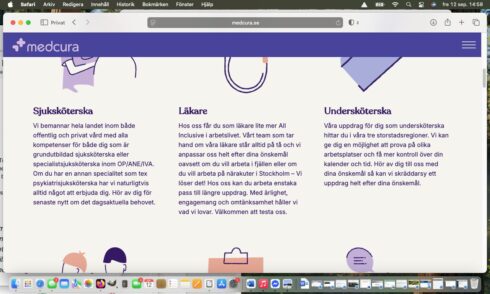 Den glättiga annonsen om hur "kul" jobbet med att göra medicinska bedömningar försvann illa kvickt när Proffs ställde frågor kring formuleringen och har nu ersatts av detta. Foto: Skärmdump/Medicura.
