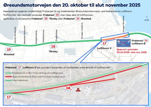   Ett kranarbete vid utbyggnaden av stationen på Köpenhamns flygplats påverkar trafiken på Öresundsmotorvägen från den 20 oktober. Illustration: Øresundsbron. 