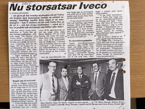   Tidningsnyhet om Iveco Sveriges storsatsning på 80-talet. Foto: Iveco.