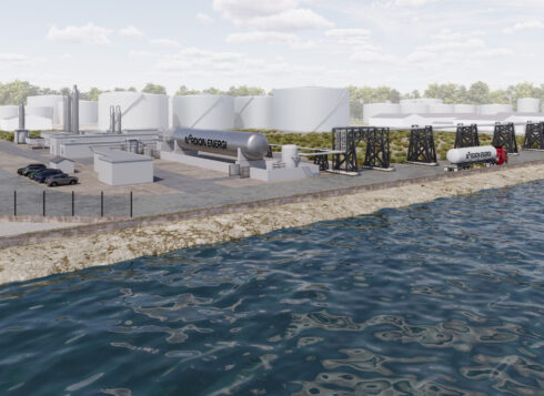 Nu har man börjat bygga denna visionsbild av den nya förvätskningsanläggningen för biogas i Göteborgs Hamn som beräknas stå klar i början av 2027. Bild: Nordion Energi. 