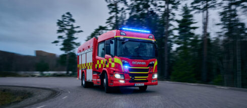 Ett Scania-räddningsfordon med CP28-hytt, normalhögt tak och den nya Super 11-motorn. Foto: Scania Group.