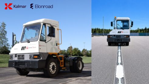Kalmar Ottawa T2 Terminal Tractor och Elonroads laddlösning.