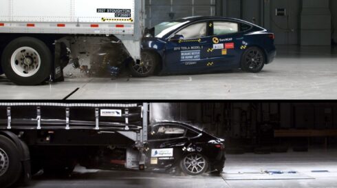   Krocktest med och utan underkörningsskydd på lastbilssläp. Foto: Euro NCAP. 