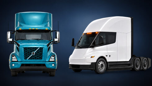 Foto: Volvo Trucks och Tesla, fotomontage